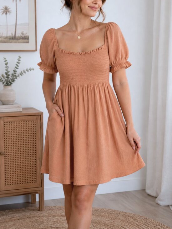 Abercrombie & Fitch Dresses & Skirts - Abercrombie & Fitch Terracotta Babydoll Mini Dress Puff Sleeve XL Smocked Boho